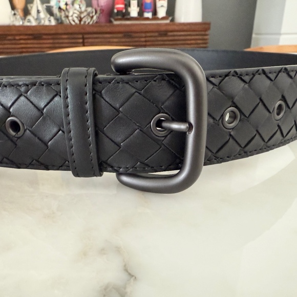 Bottega Veneta Intrecciato Calf Leather Men's Black Belt173784
